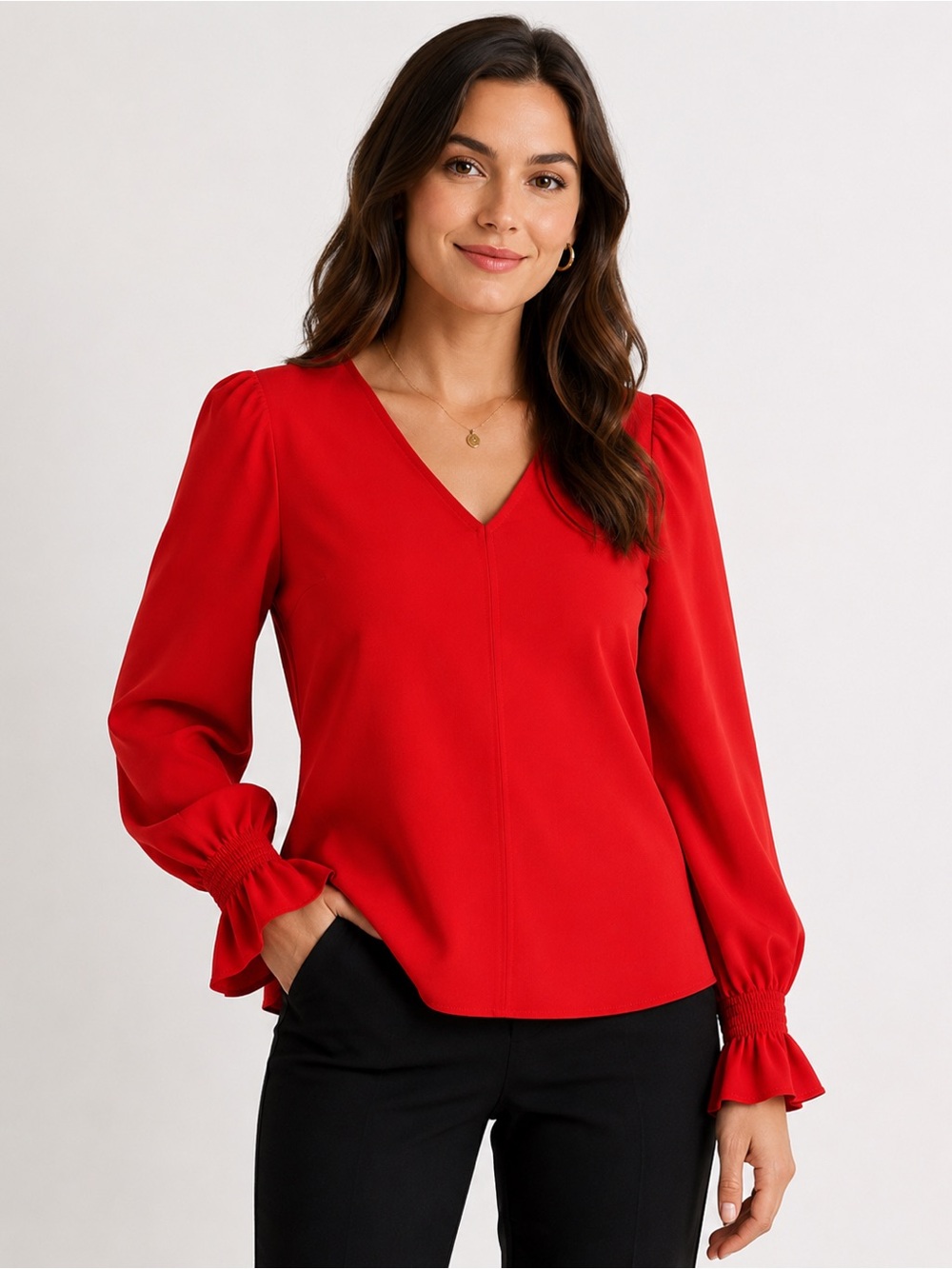 LaRoque Julia Red Crepe Blouse Long Sleeve Smocked Cuff Top NWOT